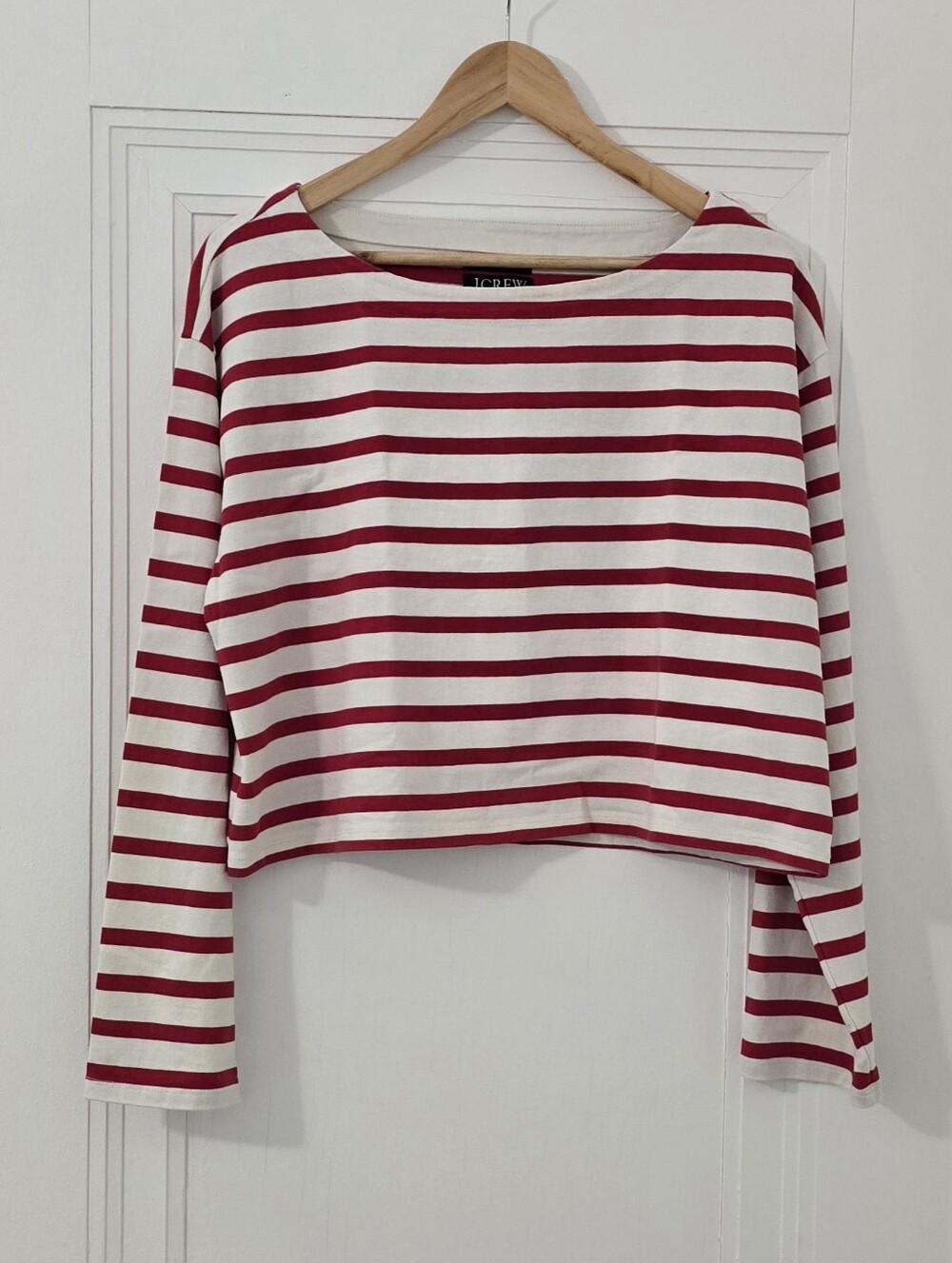 J. Crew Red and White Striped Long-Sleeve Boatneck Cropped Fit Top, Size L, Euc